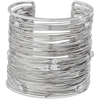                      QUECY Iron Multi Mesh Layered Wrist Cuff Bracelet with Embeded Rhinestones - Silver Colour                                              