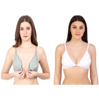                       Zourt Poly Cotton B Cup Front Open Bra Set of 2 Light Green White                                              