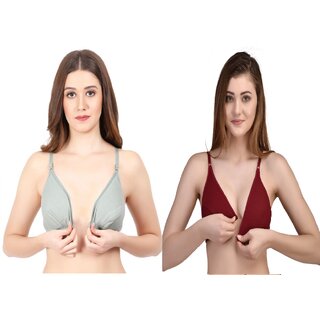                       Zourt Poly Cotton B Cup Front Open Bra Set of 2 Light Green Maroon                                              