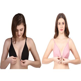                       Zourt Poly Cotton B Cup Front Open Bra Set of 2 Black Light Pink                                              