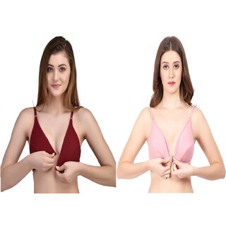                      Zourt Poly Cotton B Cup Front Open Bra Set of 2 Maroon Light Pink                                              