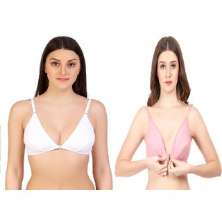                       Zourt Poly Cotton B Cup Front Open Bra Set of 2 White Light Pink                                              