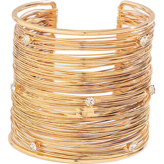                       QUECY Iron Multi Mesh Layered Wrist Cuff Bracelet with Embeded Rhinestones - Golden Colour                                              