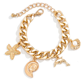                       QUECY Metal Dolphin Imitaition Pearl Shell Starfish Mixed Beach Theme Bracelet for Women - Golden Colour                                              