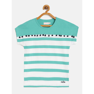                       Girls Sea Green  White Organic Cotton Striped Round Neck T-shirt                                              