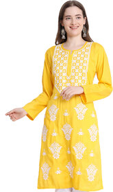 Numak Women Chikan Embroidery Straight Kurta (Yellow, White)