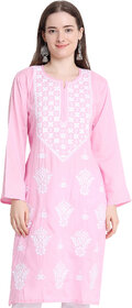 Numak Women Chikan Embroidery Straight Kurta (Pink, White)