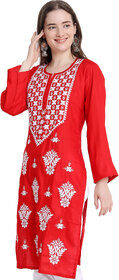 Numak Women Chikan Embroidery Straight Kurta (Red, White)