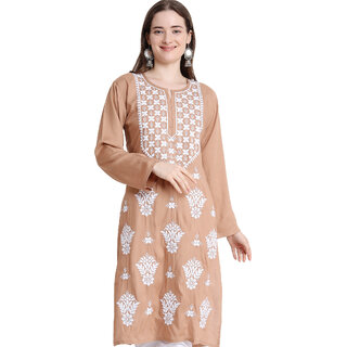                       Numak Women Chikan Embroidery Straight Kurta (Beige)                                              