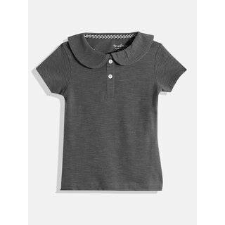                       Girls Charcoal Peter Pan Collar Solid Cotton Polo Collar T-shirt                                              