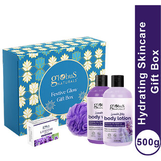                       Globus Naturals Lavender Love Skincare Gift Box - Body Lotion 200 ml, Soap Bar 100 gm  Body Wash 200 ml with Loofa                                              