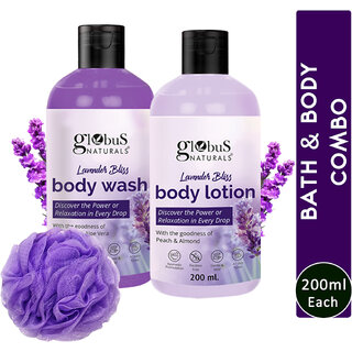                       Globus Naturals Lavender Body Lotion 200 ml  Body Wash 200 ml Skincare Combo with Loofa                                              