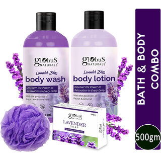                       Globus Naturals Lavender Body Lotion 200 ml, Soap 100 gm  Body Wash 200 ml Skincare Combo with Loofa                                              