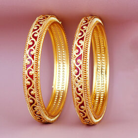 Lucky Jewellery 18K Gold Plated Designer Reddish maroon color Traditional Ethinic Bangles set For Women