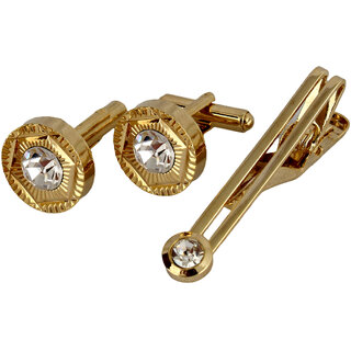                       Lucky Jewellery Gold Plated White Color Stone Formal Wedding Shirt Suit Blazer Cufflink With Matching Tie Pin For Men                                              