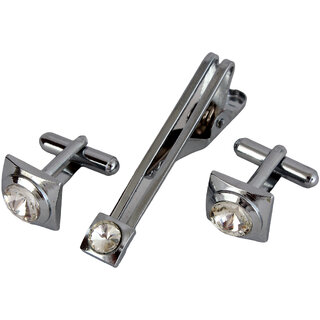                       Lucky Jewellery Silver Plated White Color Stone Formal Wedding Shirt Suit Blazer Cufflink With Matching Tie Pin For Men                                              