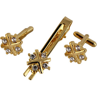                       Lucky Jewellery Gold Plated White Color Stone Formal Wedding  Shirt Suit Blazer Cufflink With Matching Tie Pin For Men                                              