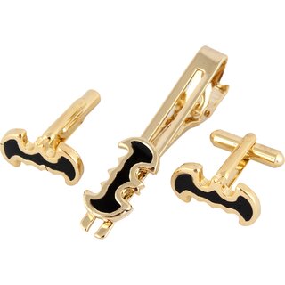                       Lucky Jewellery Gold Plated Black Color Formal Wedding Shirt Suit Blazer Cufflink With Matching Tie Pin For Men                                              