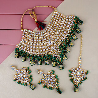                       Lucky Jewellery Bridal Dulhan Green Color Wedding & Engagement Kundan Choker Necklace Set With Mang Tikka                                              