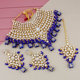 Lucky Jewellery Bridal Gold Plated Blue Color Kundan Wedding & Engagement Choker Necklace Set With Mang Tikka