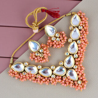                       Lucky Jewellery Meenakari 18K Gold plated  Peach color Uncut Kundan Necklace Set (769-M6SK-1698-PH)                                              