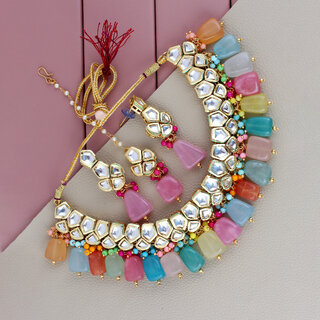                       Lucky Jewellery Meenakari Gold plated Multicolor pentagon shape Uncut Kundan Necklace Set (1585-M6SK-1684-MT)                                              