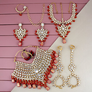                       Lucky Jewellery Traditional 18k Gold Plated Red Color Dulhan Choker Kundan Bridal Set (3324-L1ZK-KD124-RED)                                              