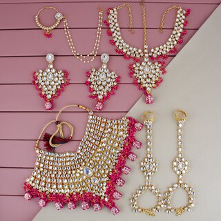                       Lucky Jewellery Traditional 18k Gold Plated Magenta Color Dulhan Choker Kundan Bridal Set (3324-L1ZK-KD124-R)                                              