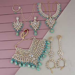                      Lucky Jewellery Traditional 18k Gold Plated Mint Color Dulhan Choker Kundan Bridal Set (3324-L1ZK-KD124-MNT)                                              