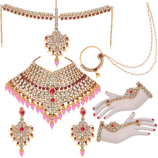                       Lucky Jewellery Wedding Gold Plated Pink Color Dulhan Bridal Set with sheeshpatti (2475-L1ZS-KD124-PK-New)                                              
