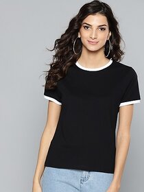 SHE PURE LUXURY WEAR Women Solid Round Neck Reversible Organic Cotton Black T-Shirt