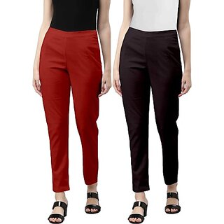                       SHE PURE LUXURY WEAR Pack of 2 Women Regular Fit Red, Brown Pure Cotton Trousers                                              