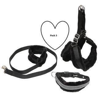                       AFTRA Black Nylon Padded XXXL Dog Harness Dog Collar Leash Combo Set pack 3                                              