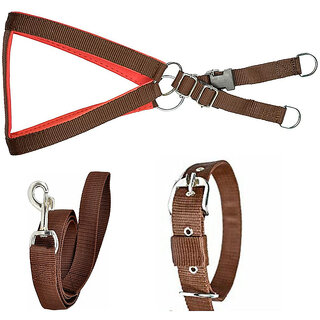                       AFTRA Brown Nylon Padded Large Dog Harness Dog Collar Leash Combo Set pack 3                                              