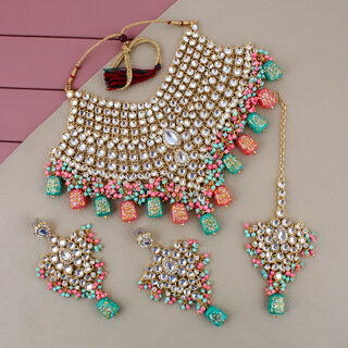                       Lucky Jewellery Traditional Gold Plated Multi Color Dulhan Choker Kundan Bridal Set (2380-L1SK-KD124-PKMNT)                                              