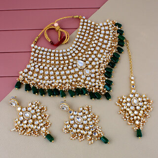                       Lucky Jewellery Traditional 18k Gold Plated Green Color Dulhan Choker Kundan Bridal Set (2092-L1SK-KD124-WG)                                              