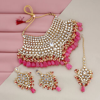 Lucky Jewellery Back Meenakari 18k Gold Plated Pink Color Uncut Kundan Choker Necklace Set For Girl's Women Lucky Jewellery Back Meenakari 18k Gold Plated Pink Color Uncut Kundan Choker Necklace Set For Girl's Women