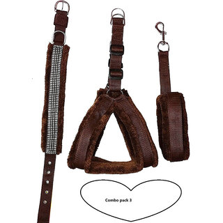                       AFTRA Brown Nylon Padded Large Dog Harness Dog Collar Leash Combo Set pack 3                                              