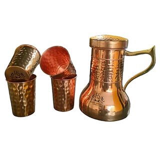                       Royalstuffs Copper Designer Hammered & Smooth Bedroom Bottle With Handle And Set Of 4 Copper Glasses | Drinkware | Diwali Anniversary/Party/Mother'S Day Gift Pack Of - 5                                              