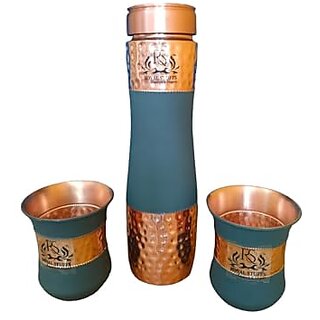                       Royalstuffs Pure Copper Water Bottle Silk Black Half Hammered With 2 Dholak Glasses (Set Of 3) Capacity 1450 Ml                                              