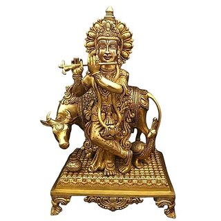                       Royalstuffs Lord Krishna Brass Statue With Cow,Height:16 Inch,Width:9 Inch,Weight:9 Kg                                              