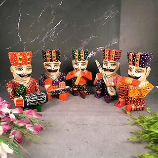                       Royalstuffs Set Of 5 Royal Rajasthani Musician Wooden Showpiece - For Table & Home Decor - 6 Inch                                              