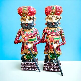                       Royalstuffs Traditional Rajasthani Decorative Handicraft Wooden Royal Guard/Darbaan/Watchman Set Of 2 Home Dcor Beautiful Showpiece (11.5 Inch)                                              