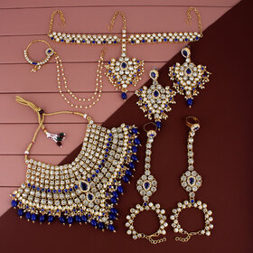 Lucky Jewellery Wedding Gold Plated Blue Color Dulhan Bridal Set with sheeshpatti (2475-L1ZS-KD124-B-New)