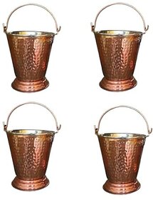 Royalstuffs Large Bucket Set Of 4 Handmade Pure Steel Copper Bucket/Balti Hammered Design With Handle