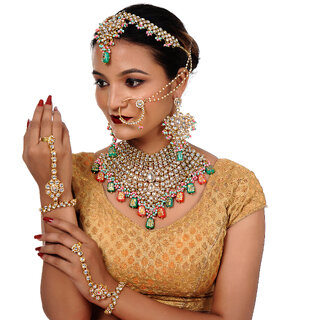 Lucky Jewellery Traditional Gold Plated Pink and Mint Color Dulhan Kundan Bridal Set (3324-L1ZK-KD124-PKMNT) Lucky Jewellery Traditional Gold Plated Pink and Mint Color Dulhan Kundan Bridal Set (3324-L1ZK-KD124-PKMNT)