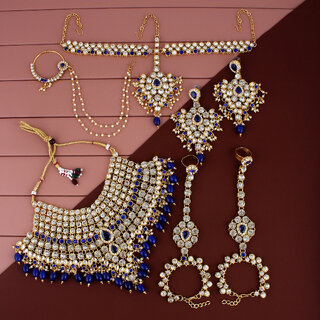                       Lucky Jewellery Wedding Gold Plated Blue Color Dulhan Bridal Set with sheeshpatti (2475-L1ZS-KD124-B-New)                                              