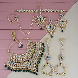                       Lucky Jewellery Wedding Gold Plated Green Color Dulhan Bridal Set with sheeshpatti (2475-L1ZS-KD124-G-New)                                              