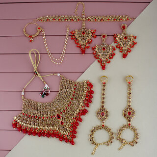                       Lucky Jewellery Wedding Gold Plated Gold Red Dulhan Bridal Set with sheeshpatti (2475-L1ZS-KD124-LCT-RED-New)                                              