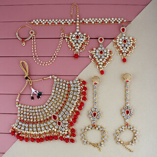                       Lucky Jewellery Wedding Gold Plated Red Color Dulhan Bridal Set with sheeshpatti (2475-L1ZS-KD124-RED-New)                                              